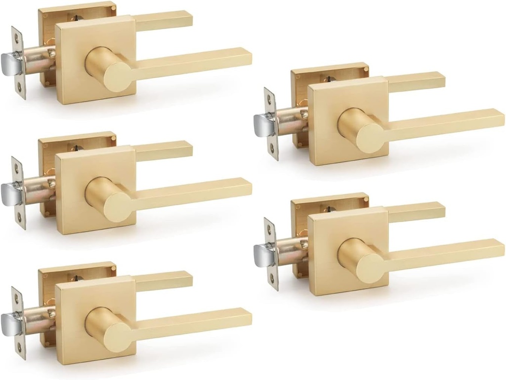 EHOMEWARE 5 Pcs Door Knobs Interior, Passage Door Handle Gold, Modern Closet Door Knobs in Satin Brass Finish, Keyless Door Levers Heavy Duty Door Handle Set, Sleek Door Hardware & Locks