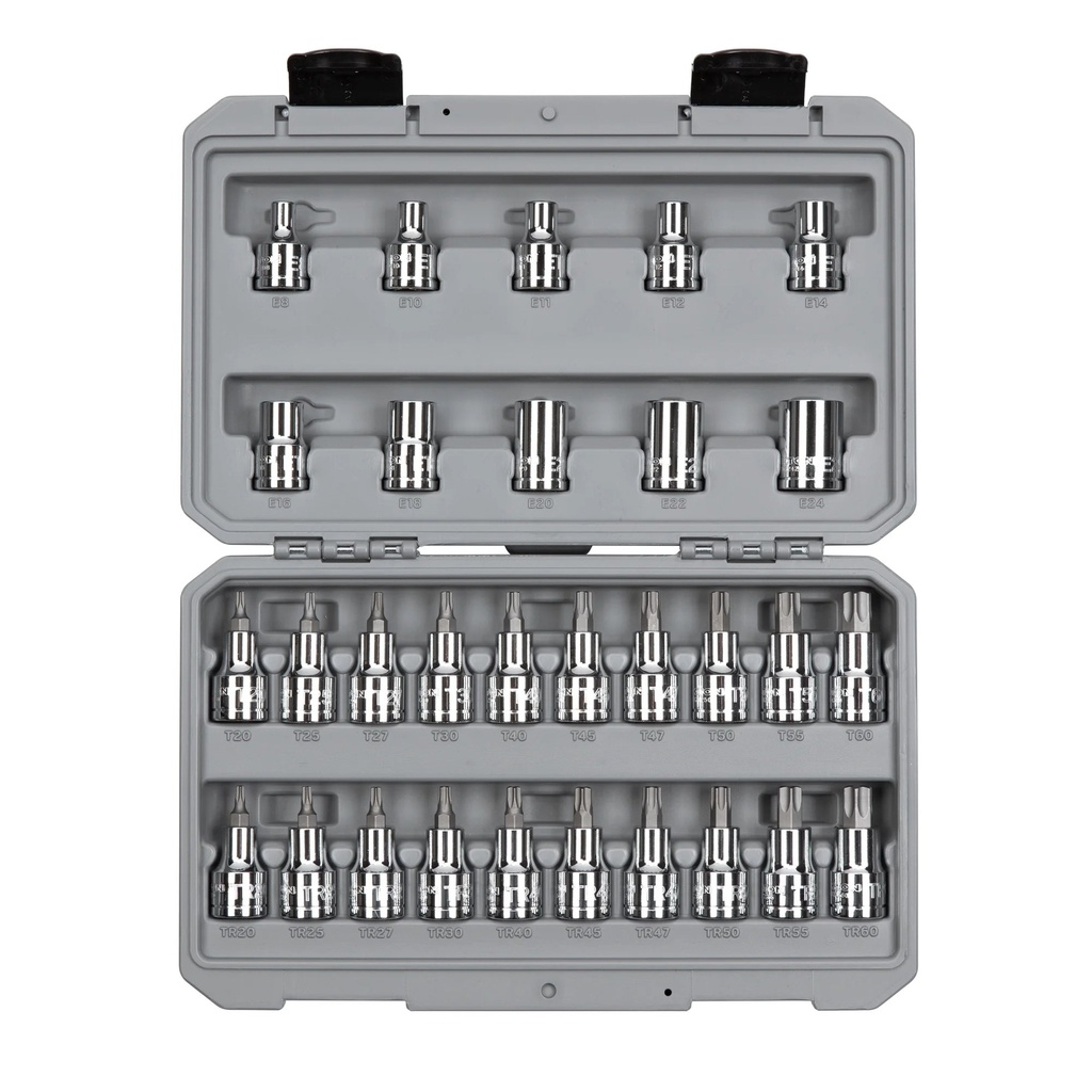 TEKTON 1/2 Inch Drive Torx/Tr Torx Bit & External Star Socket Set, 30-Piece (T20-T60, TR20-TR60, E8-E24) | SKT25402