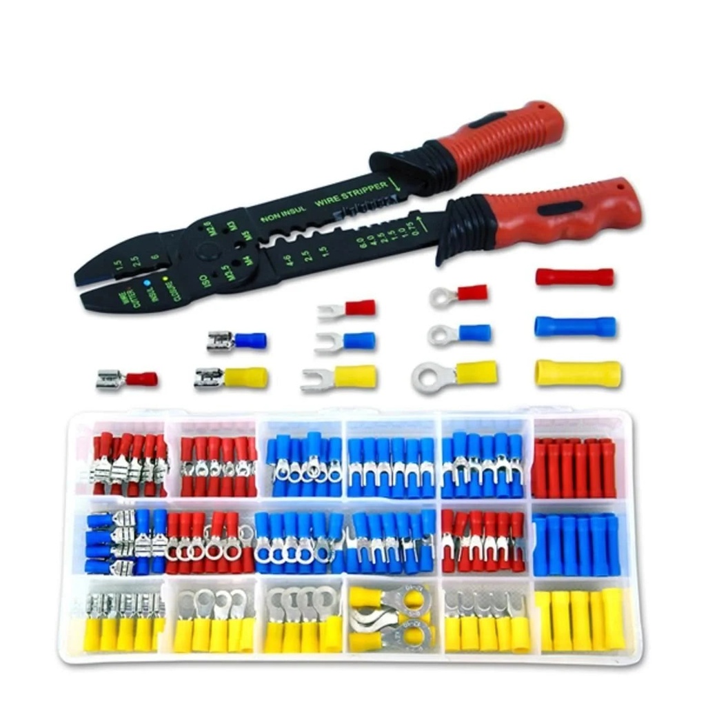 Boston Industrial Insulated Wire Terminals and Connectors Assortment 3-In-1 Wire Stripper, Cutter and Crimper Tool, 175-Piece Set