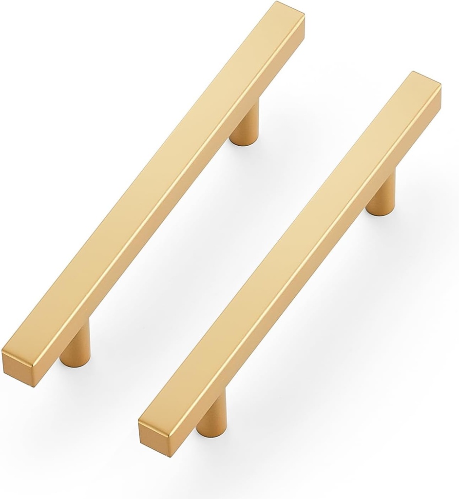 Ravinte 10 Pack Brass 3-3/4 Inch Hole Center Champagne Gold Handles Square Cabinet Hardware Stainless Steel Pulls for Kitchen Cupboard Drawers 6 Inch Overall Length