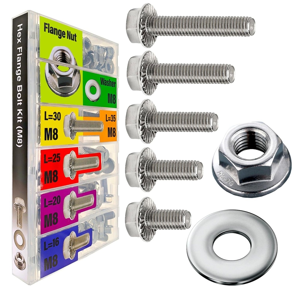 EEEEE Metric Hex Flanged Bolt Assortment Kit 96Pcs and Nuts Kit Set,M=8 Bolt 16Mm 20Mm 25Mm 30Mm 35Mm Flange Metric Large Hardware Grade Hex Bolt Assortment,304 Stainless Steel Class Flat Washers