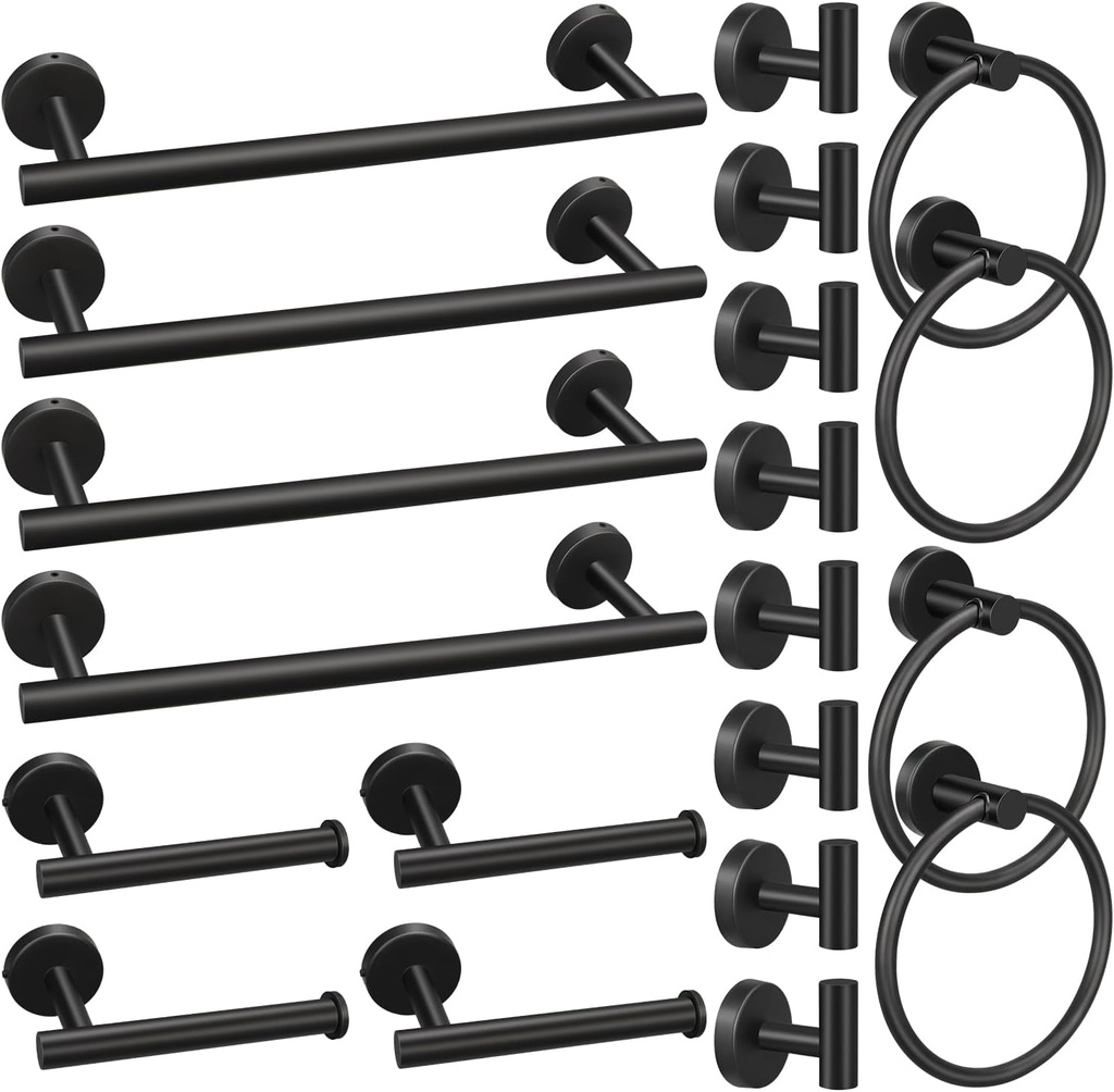 20Pcs Bathroom Hardware Set, Matte Black Stainless Steel Bathroom Hardware Set, Including 16" Hand Towel Bars, Toilet Paper Holders, Towel Rings, Robe Towel Hooks