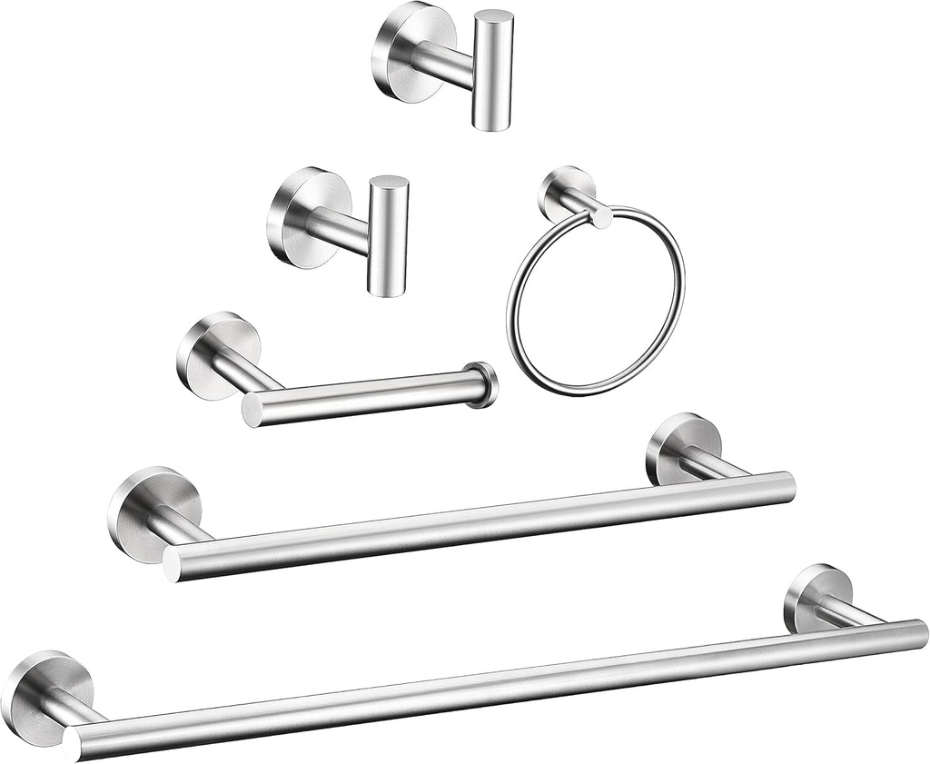 6 Pieces Brushed Nickel Bathroom Hardware Accessories Set Hand Towel Ring 16&23.6 Inch round Towel Bar Silver Toilet Paper Holder Towel Hooks 2 Pieces SUS 304 Stainless Steel,Heavy Duty,Wall Mounted