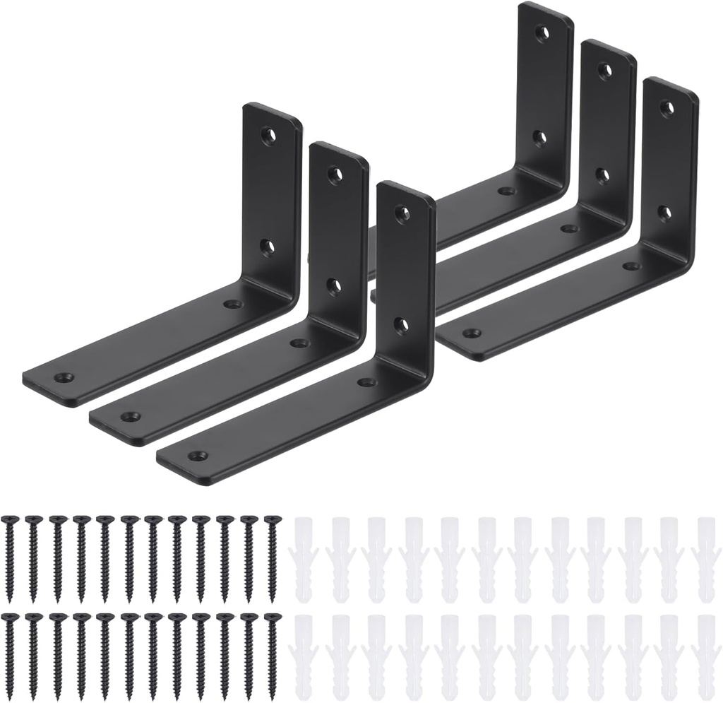 Uxcell Floating Shelf Brackets 6 Inch, 6 Pack Iron L Shelf Brackets for Shelves Max Load 35 Lbs, Metal Floating Shelf Bracket Hardware Supports, Black