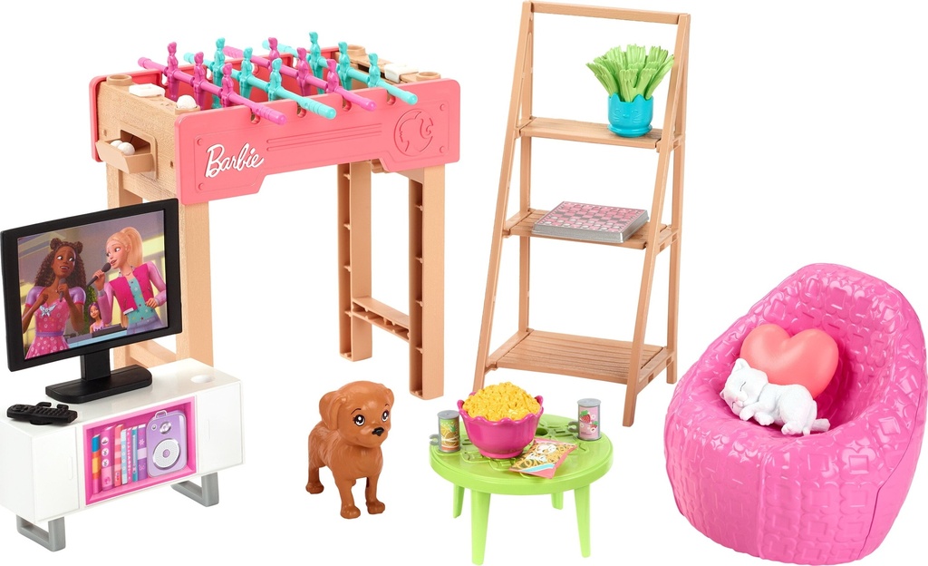 Barbie World Game Room Set with 19 Dollhouse Accessories Including Furniture, Foosball Table & Pets