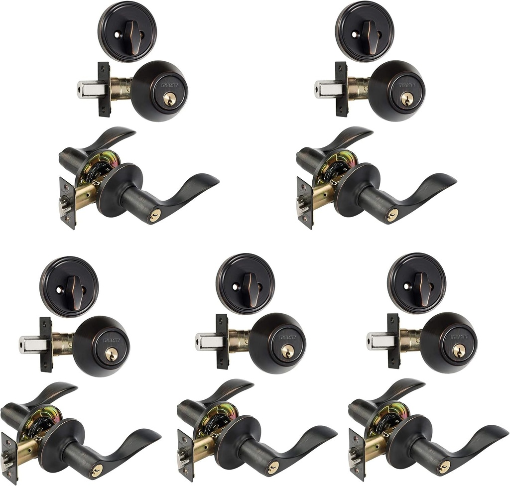 Dynasty Hardware CP-HER-12P, Heritage Front Door Entry Lever Lockset and Single Cylinder Deadbolt Combination Set, Aged Oil Rubbed (5 Pack) Keyed Alik