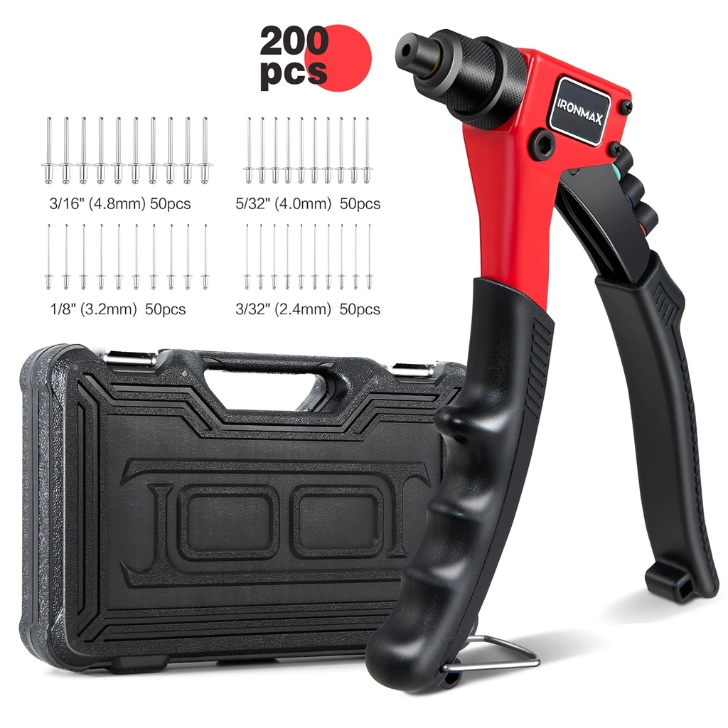 IRONMAX Rivet Gun with 200 PCS Rivets Manual Rivet Gun Kit W/ 4 Tool-Free Interchangea
