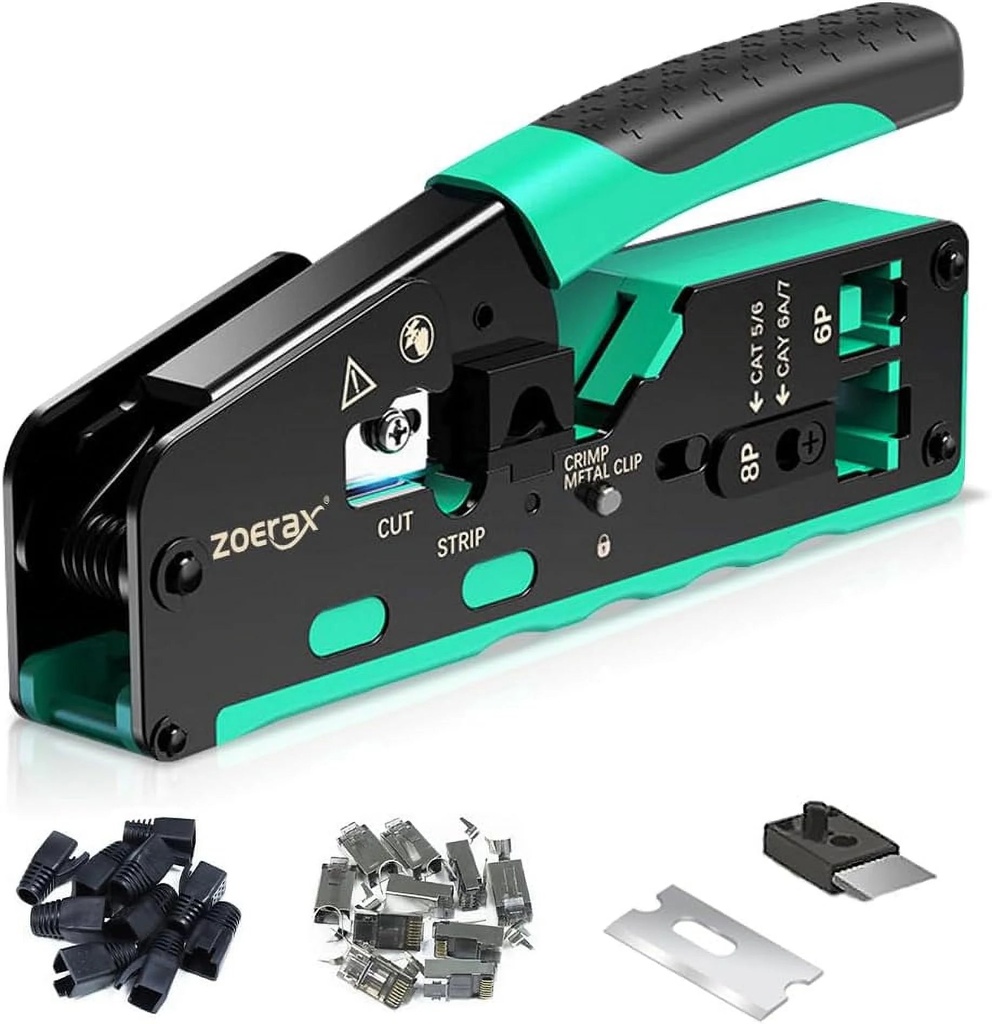 Pass through RJ45 Crimp Tool with 10PCS Cat7 Connectors and Strain Relief Boots, Ethernet Wire Cutter Crimper for Cat7 Cat6A Cat6 Cat5E Cat5 RJ45 Connectors, Green