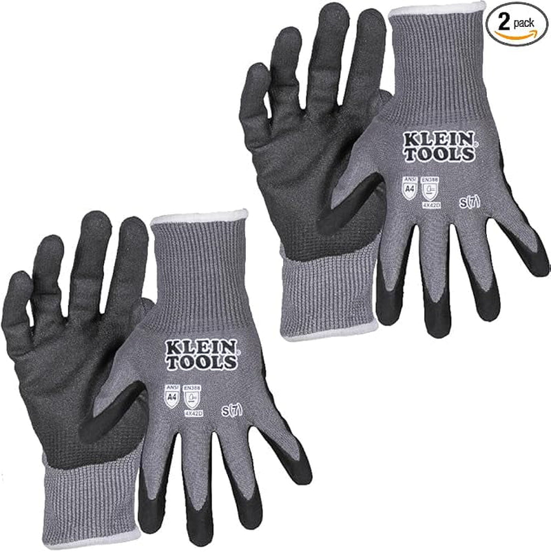 Klein Tools 60587 Work Gloves, Knit Dipped Cut Resistant ANSI A4 Nitrile Coated Gloves, HPPE Fabric, Touchscreen Capable, Small, 2-Pair