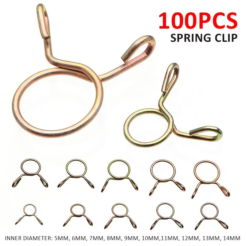 100PCS Double Wire Spring Hose Clamps Fuel Line Hose Tube Clips Assortment