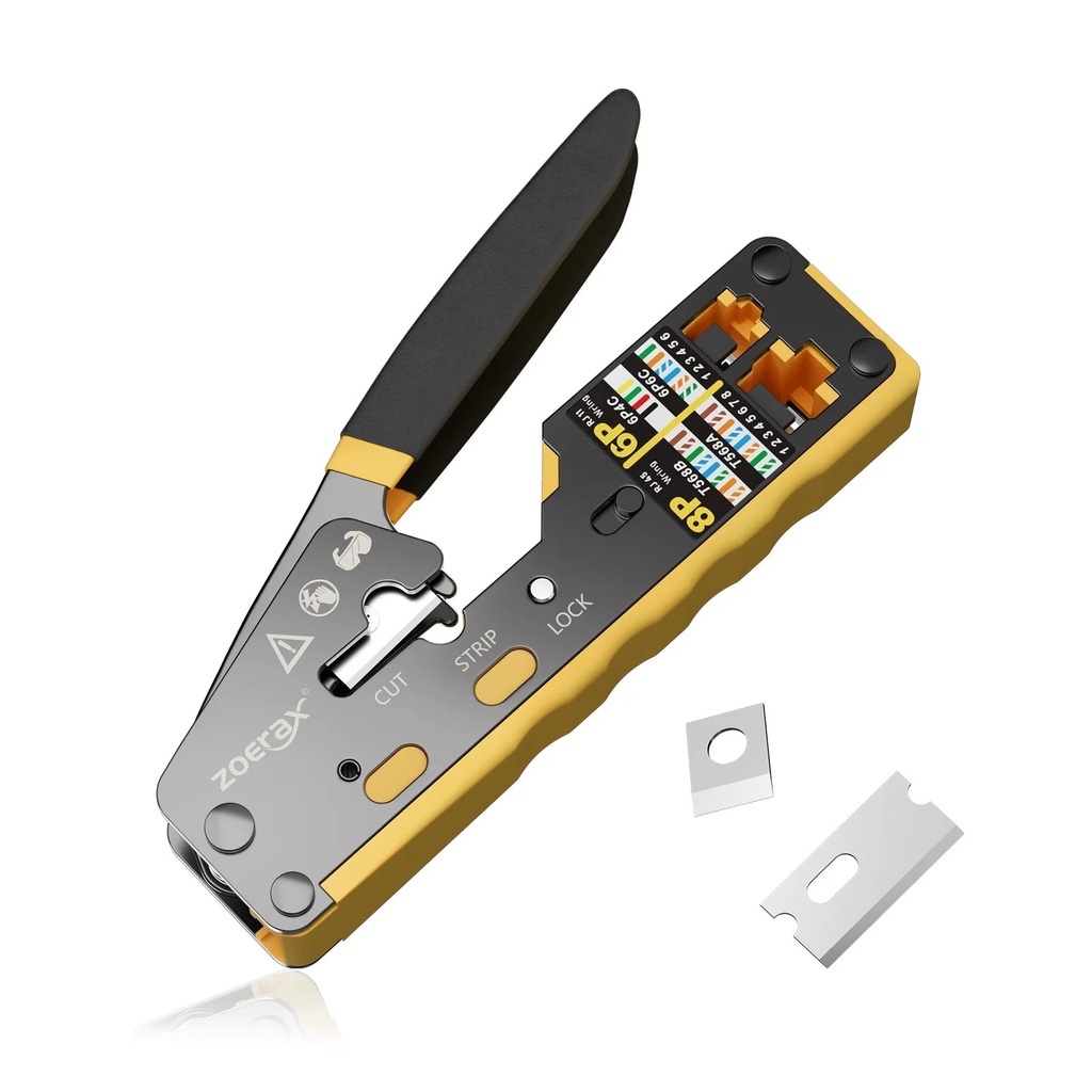 RJ45 Crimper Tool Pass through Ethernet Crimping Tool for Cat6 Cat5 Cat5E RJ45 Connectors with Replacement Blade