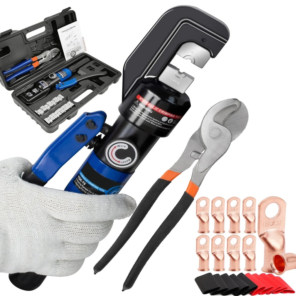 8 Ton Hydraulic Wire Crimper Battery Cable Lug Terminal Crimping Tool with Standard Cable Dies and 10Pcs Battery Lugs ,Crimper 12 AWG to 00 (2/0)