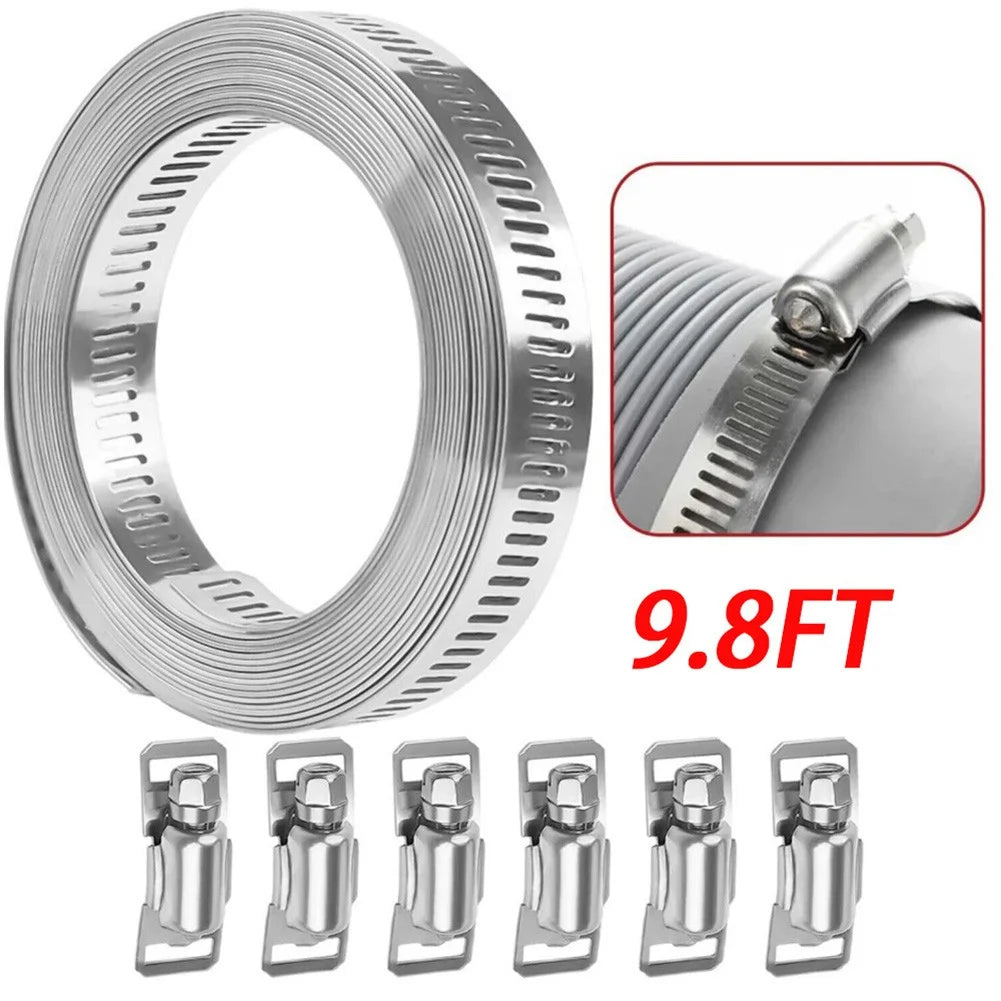 9.8Ft Adjustable Large Hose Clamps Worm Gear Stainless Steel Clamp +6 Fasteners