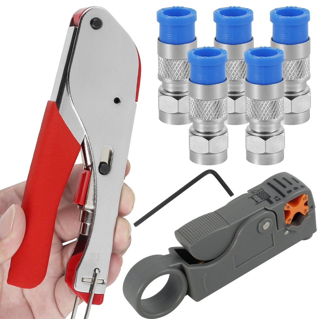 FUYGRCJ Coaxial Cable Crimp Tool Kit, Safety Coaxial Wire Stripper with 5 F Type RG6 Compression Connector for RG59/RG59 Quad/Rg6/Rg6 Quad