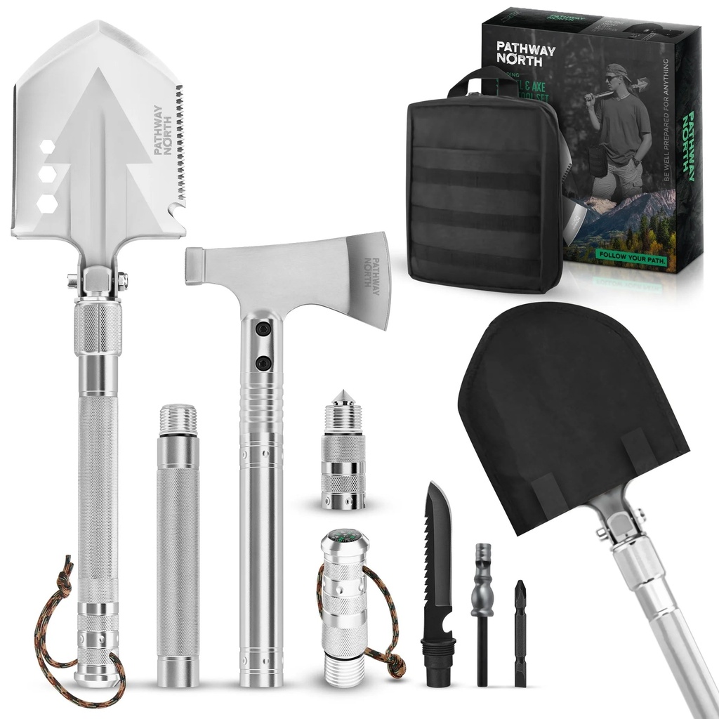 Pathway North Survival Shovel and Camping Axe – Stainless Steel Tactical, Survival Multi-Tool and Survival Hatchet Equipment for Outdoor Hiking Camping Gear, Hunting, Backpacking Emergency Kit