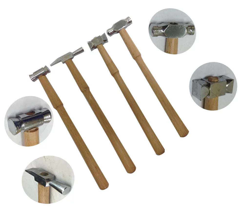 BENCH WIZARD 4Pc Jeweler'S Steel Hammer Set | 9" (22.86 Cm) Length | Solid Wood Handle | Head Varieties: Square, Ballpein, Chisel