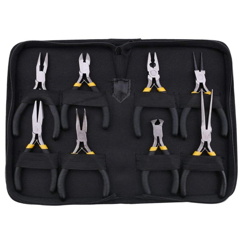 8Pcs Mini Pliers Set, Long Nose with Teeth, Flat Jaw, round Curve Needle Diagonal Nose Wire End Cutting Cutter Linesman Plier with Black Grips & Protective Pouch