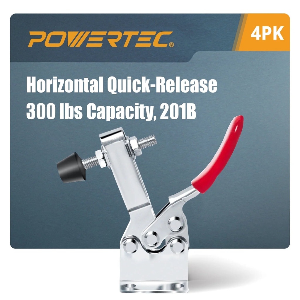 POWERTEC 4PK Toggle Clamp, 300 Lbs Capacity, 201B Quick Release Horizontal Clamps W/Antislip Rubber Pressure Tip for Woodworking Jigs and Fixtures, Welding, Drill Press, Crosscut Sled (20327)