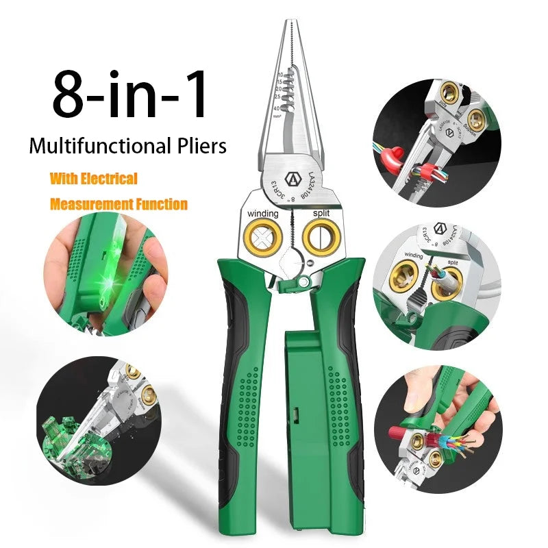 Multifunctional Wire Stripper Electrician Pliers 8-In-1 Stainless Steel Needle-Nose Pliers with Electrical Measurement Hand Tool