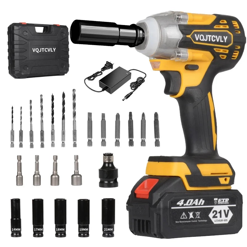 VQJTCVLY Brushless Impact Driver, 21V Cordless Impact Wrench 1/2 Inch, 2 × 4.0Ah Impact Drill Tool Set, 5 Sockets, 7 Drill, 6 Screws for Car Home Truck Mower Father Dad Husband, Yellow