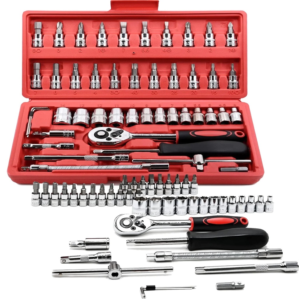 46 Pieces 1/4 Inch Drive Socket Ratchet Wrench Set, with Bit Socket Set Metric and Extension Bar for Auto Repairing and Household, with Storage Case