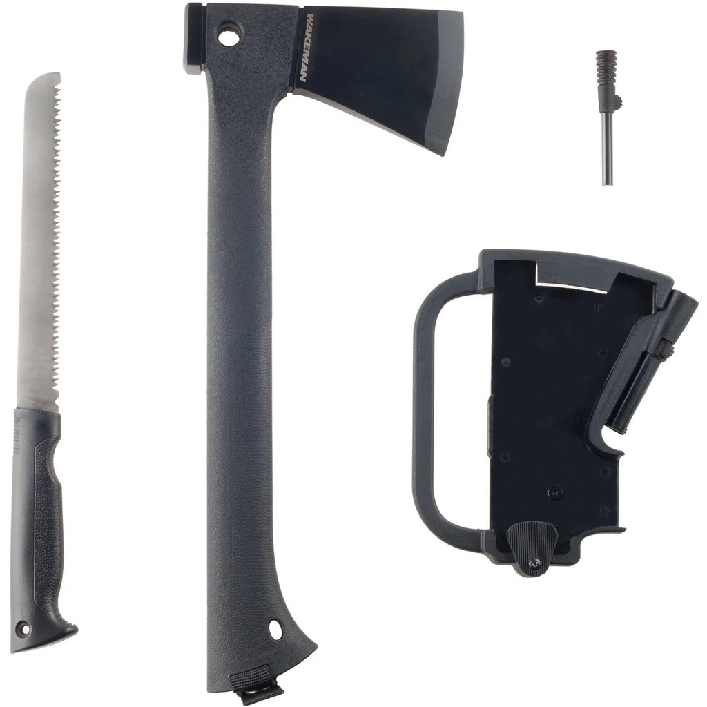 Camping Hand Axe and Accessories Combo - Lightweight Hatchet with Nested Serrated Wood Saw and Magnesium Fire Starter Tool by Wakeman Outdoors
