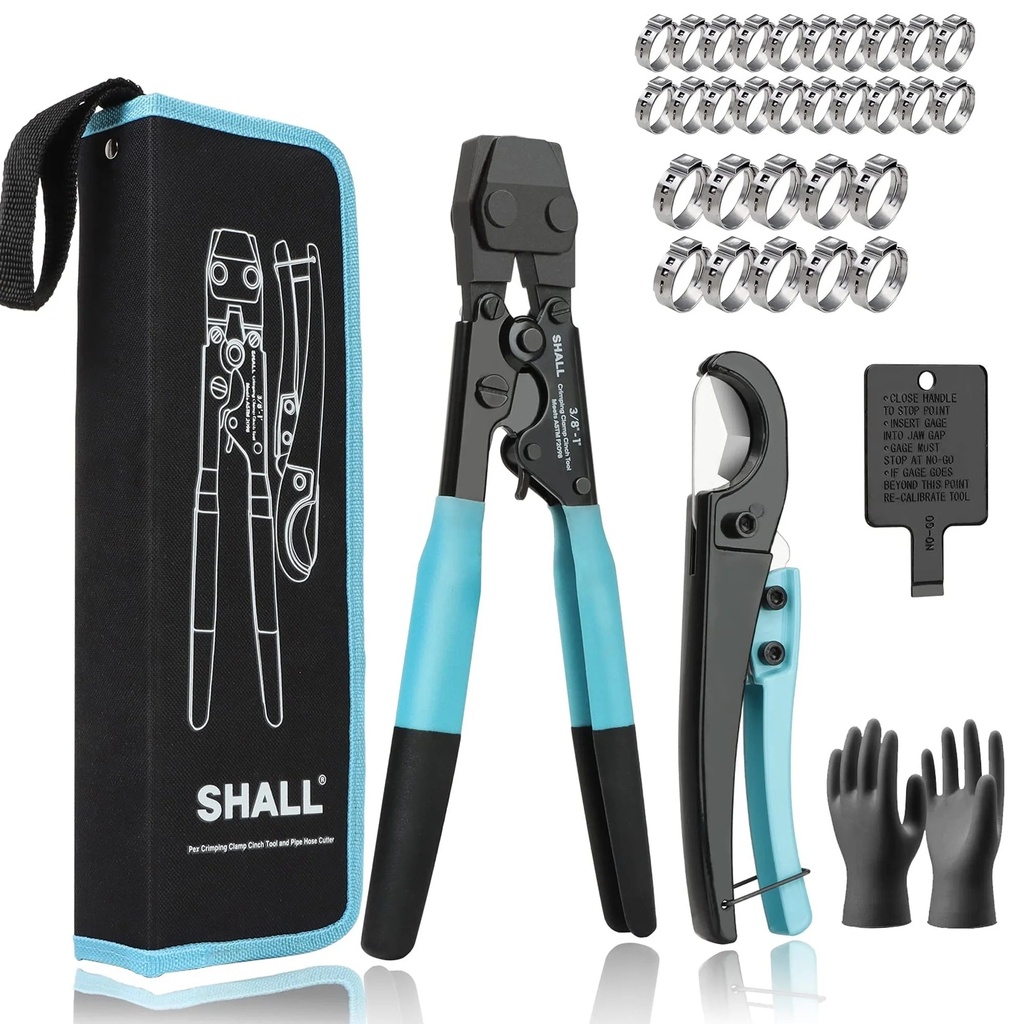 SHALL Pex Crimping Clamp Cinch Tool and Pipe Hose Cutter, Pipe Fitting Crimper Tool Kit Meets ASTM F2098 for 3/8" to 1" Stainless Steel Clamps Including 20Pcs 1/2", 10Pcs 3/4" Clamps with Storage Bag