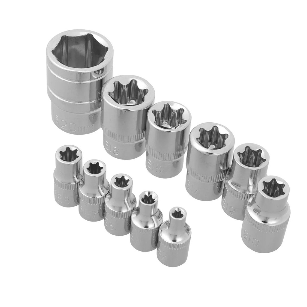 11Pcs Vanadium Steel E Sleeve Combination Hex Wrenches Plum Blossom Socket Torx Star Socket Car Repair Wrench Sleeve (Silver)