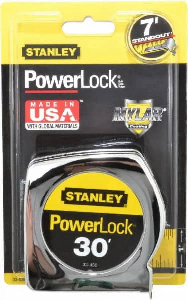 Stanley 30' X 1" Yellow Blade Tape Measure 1/16" Graduation," Graduation Style, Silver Case