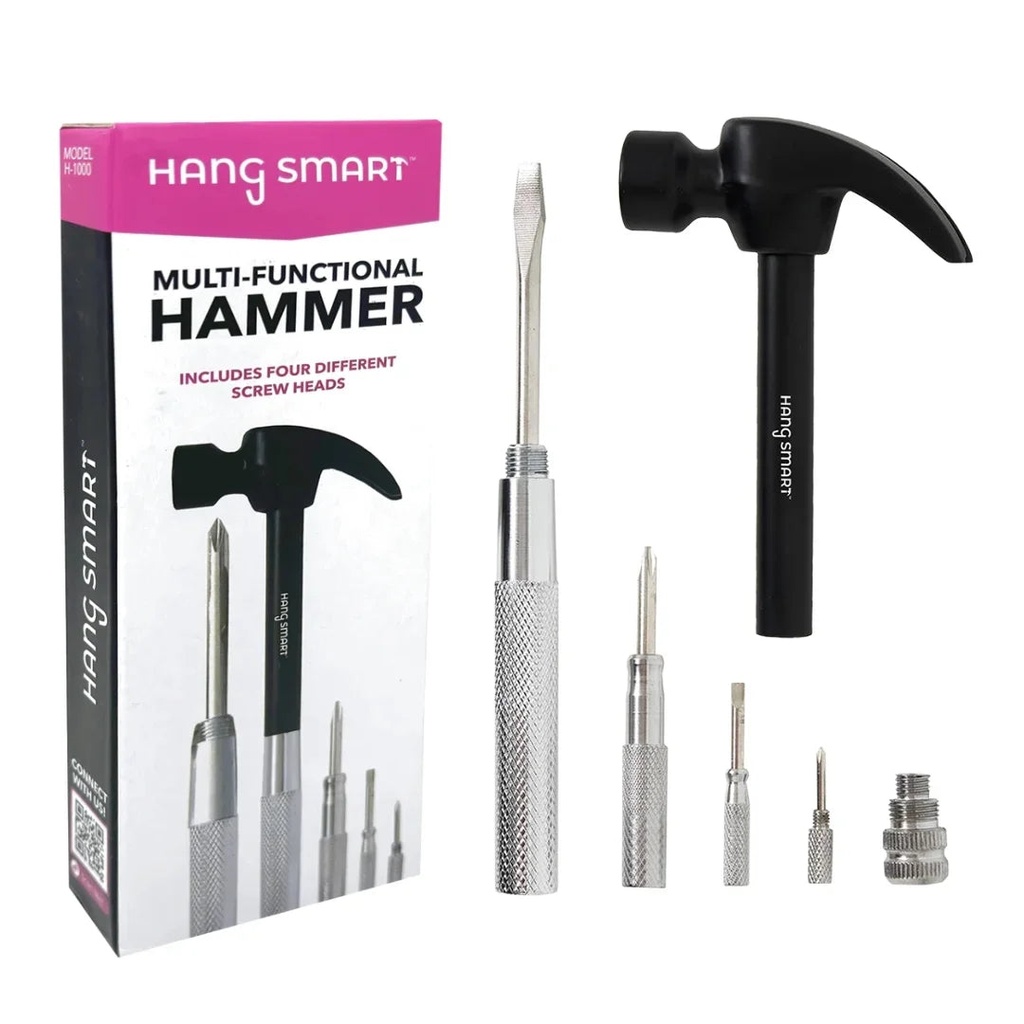 Hangsmart Multi-Functional 6 in 1 Hammer & Screwdriver Tool, with 4 Interchangeable Screw Heads.