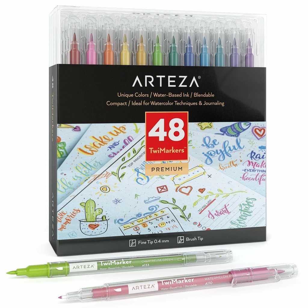 Arteza Twimarkers & Brush Pens, Set of 48 Colors Dual Tip Sketch Pen Markers NEW
