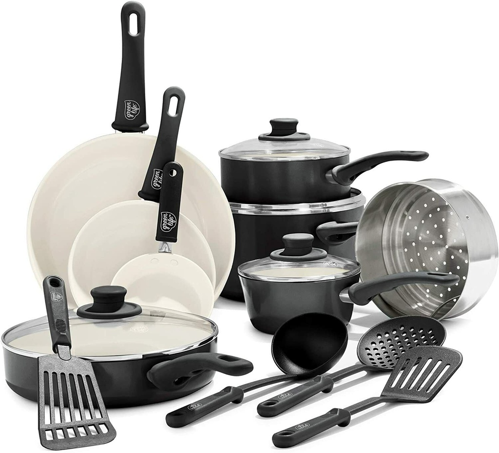 Greenlife Cookware Pan Fry Soft Grip 16Pc Set Ceramic Non-Stick Gift Black Food