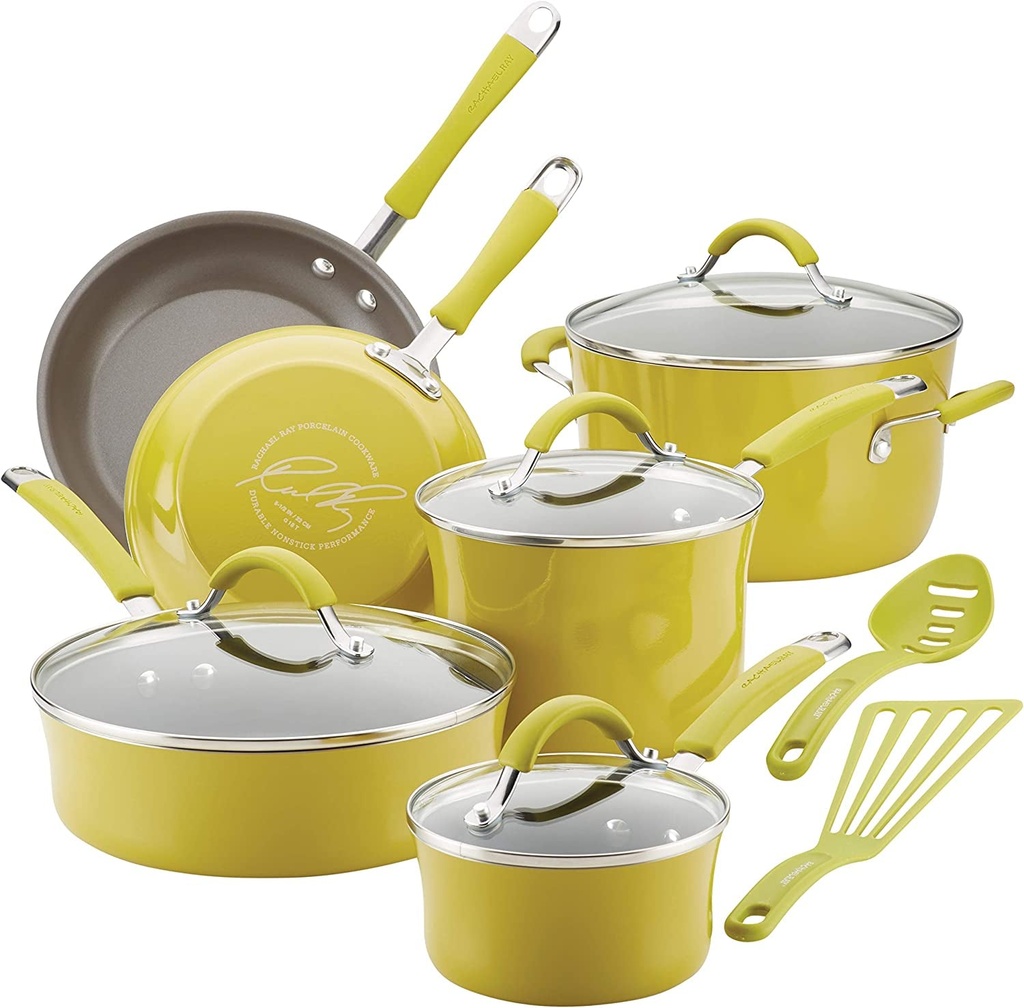 Rachael Ray Cucina Nonstick Cookware Pots and Pans Set, 12 Piece, Lemongrass Gre