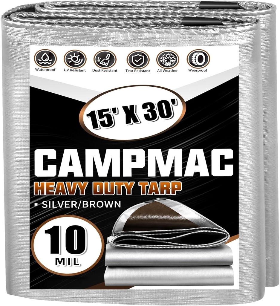 Heavy Duty Tarp 15 X 30 Ft, 10 Mil Large Waterproof Tarps, High Durability, UV Resistant, Tear Resistant with Grommets Every 20 Inches for Outdoor (Silver/Brown - Reversible)