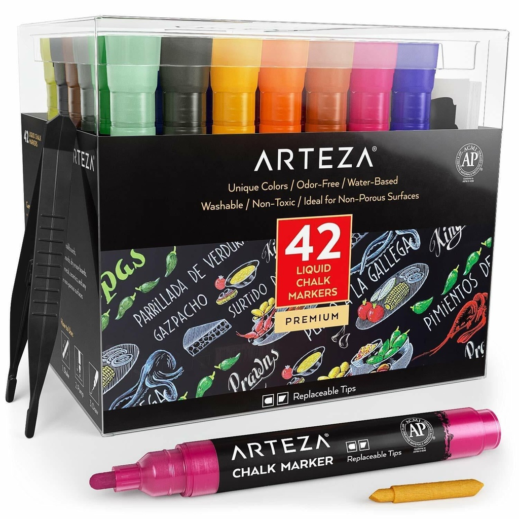 ARTEZA Liquid Chalk Markers, Water-Based 42-Color Pack & 50 Free Chalkboard Labe
