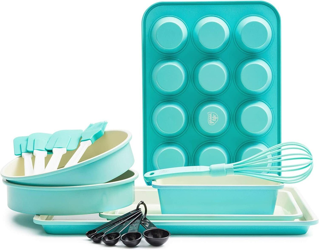 Greenlife Bakeware Ceramic Baking Set 12Pc Turquoise Loaf Muffin Pan Cookie