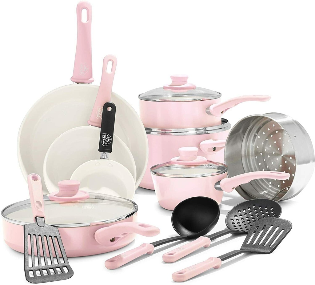 Greenlife Soft Grip 16 Pieces Ceramic Non-Stick Cookware Set - Pink Healthy Cook