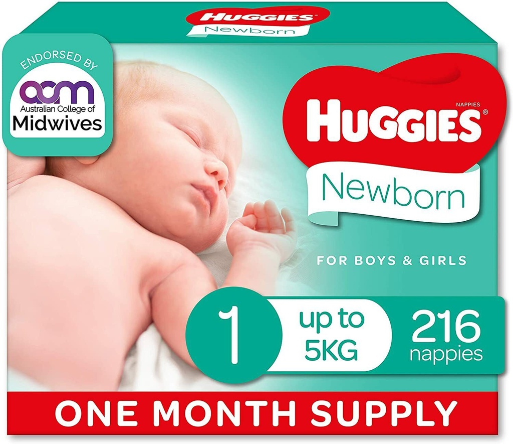 Huggies Size 1 Newborn (Up to 5 Kg) Ultimate Nappies, Unisex 216 Count FREE SHIP
