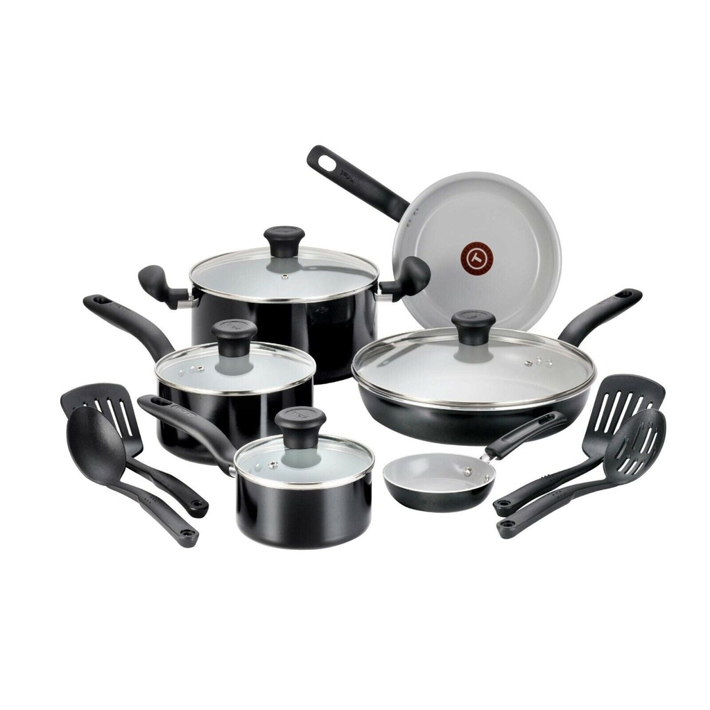 Tefal Initiatives Ceramic 14 Piece Non-Stick Cookware Set & Utensils Black NEW