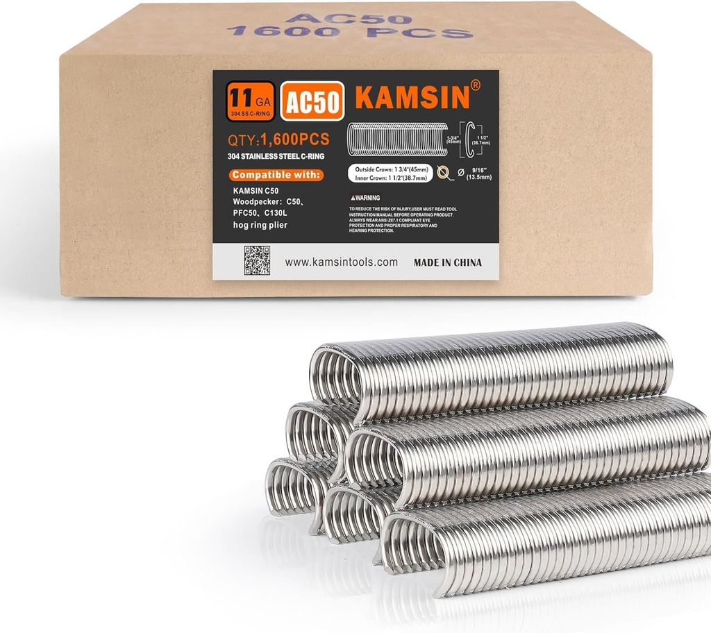 C-50 11 Gauge 304 Stainless Steel Hog Rings 1-1/2-Inch Crown C Ring Staples Hog Ring Staples C Rings for Fencing Closure 1,600 Pcs/Box