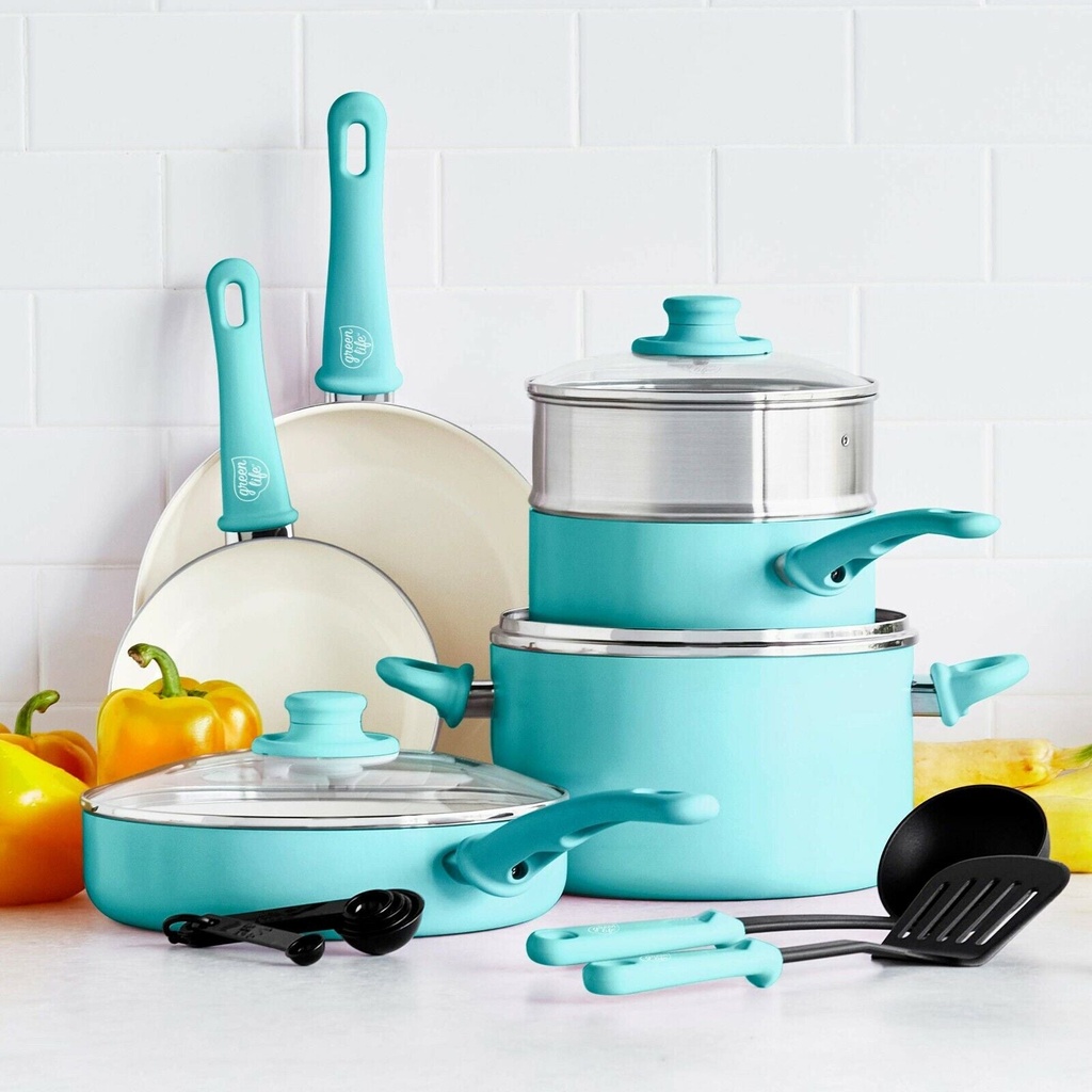 Greenlife Soft Grip 12 Pcs Ceramic Nonstick Turquoise Cookware Pots and Pans Set