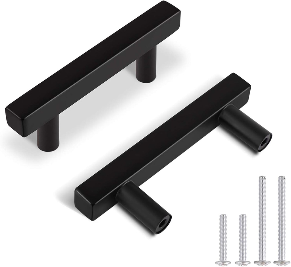 KNOBWELL 30 Pack Euro Style Stainless Steel Cabinet Handles Matte Black Finish, T Bar Kitchen Cabinet Handles - 2-1/2" Hole Centers, 4" Overall Length