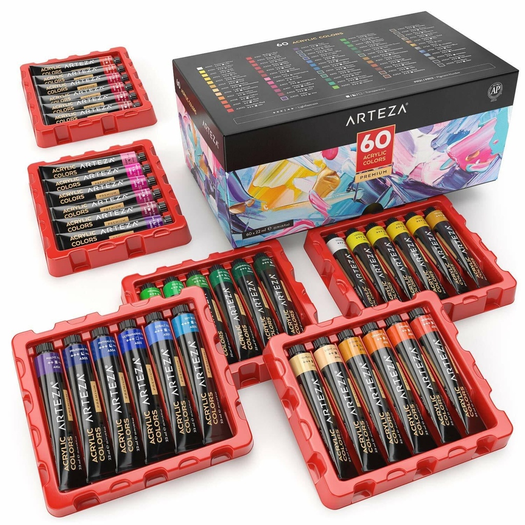 ARTEZA Acrylic Paint, Set of 60 Colors/Tubes (22 Ml, 0.74 Oz.) Art Supplies
