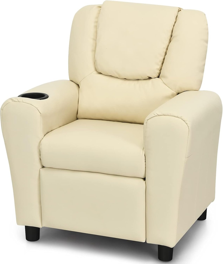 Kids Chair Leather Recliner Sofa W/Cup Holder, Anti-Slip Feet, Adjustable Backrest & Footrest for Kids/Children/Toddlers, 3-12 Age Group, up to 155Lbs, Beige