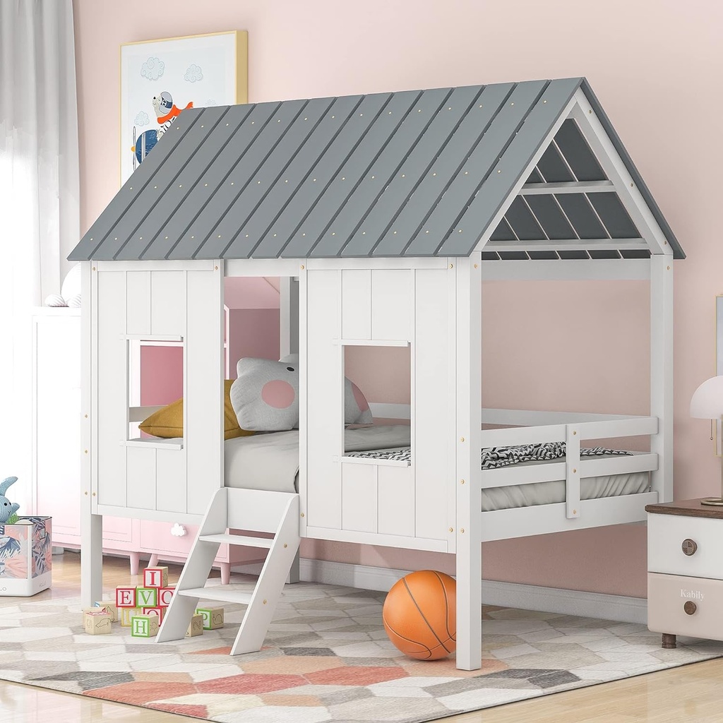 SOFTSEA Low House Loft Bed of Kids Bedroom, Wood Low Loft Bed with Windows and Roof, Wood Slats and No Box Spring Needed