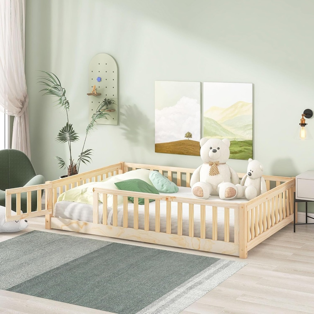 Lostcat Full Size Floor Bed Frame with Safety Fence and Door, Wood Montessori Floor Bed with Slat Support,Toddler Floor Bed Frame for Kids Girls Boys,No Box Spring Needed, Natural