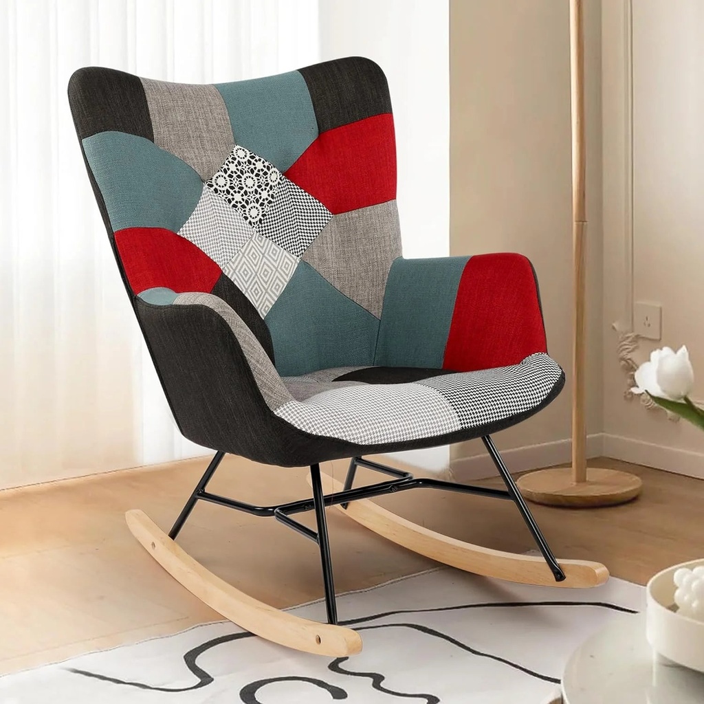 HOMEZY Rocking Chair Nursery Set of 1, Upholstered Glider Rocker with High Backrest Armchair Comfy Accent Glider Chair for Living Room, Bedroom, Nursery Room, Multi Color