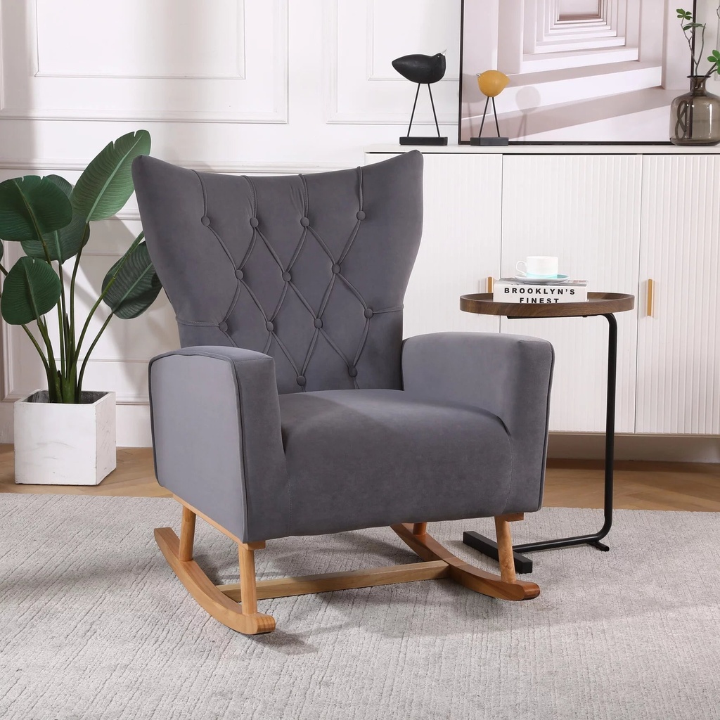 Velvet Rocking Chair with Unique Wingback, Nursery Glider Rocker with Solid Wood Frame, Comfy Lounge Chair with Wide Armrests for Living Room, Bedroom, 28.5"W × 33.5D × 37.5"H