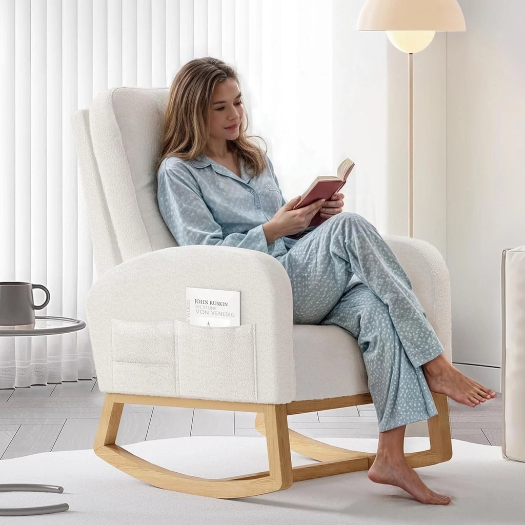 Nursery Glider Rocking Chair - Boucle Glider Rocker with High Backrest & 3 Side Pocket - Upholstered Armchair with Solid Wood Legs - Ideal for Living Room, Bedroom, or Baby'S Room (Ivory)