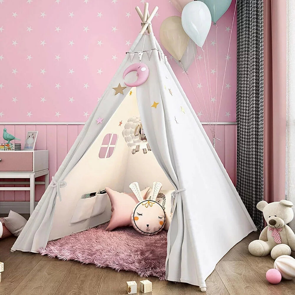 GOTGELIF Teepee Tent for Kids, Natural Cotton Canvas Teepee Play Tent Beige White, Toys for Girls/Boys Indoor & Outdoor Playing